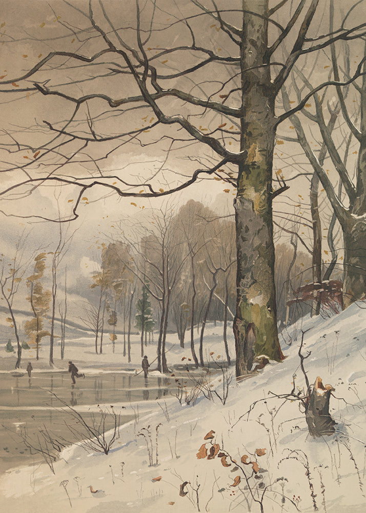 Winter scene with snow-covered ground and bare trees, people skating on a frozen lake.