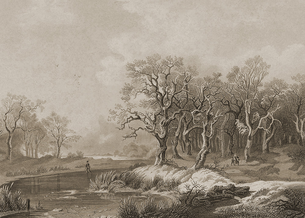 Vintage landscape with trees, a path, and figures in a natural setting