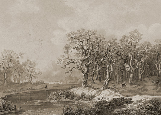 Vintage landscape with trees, a path, and figures in a natural setting