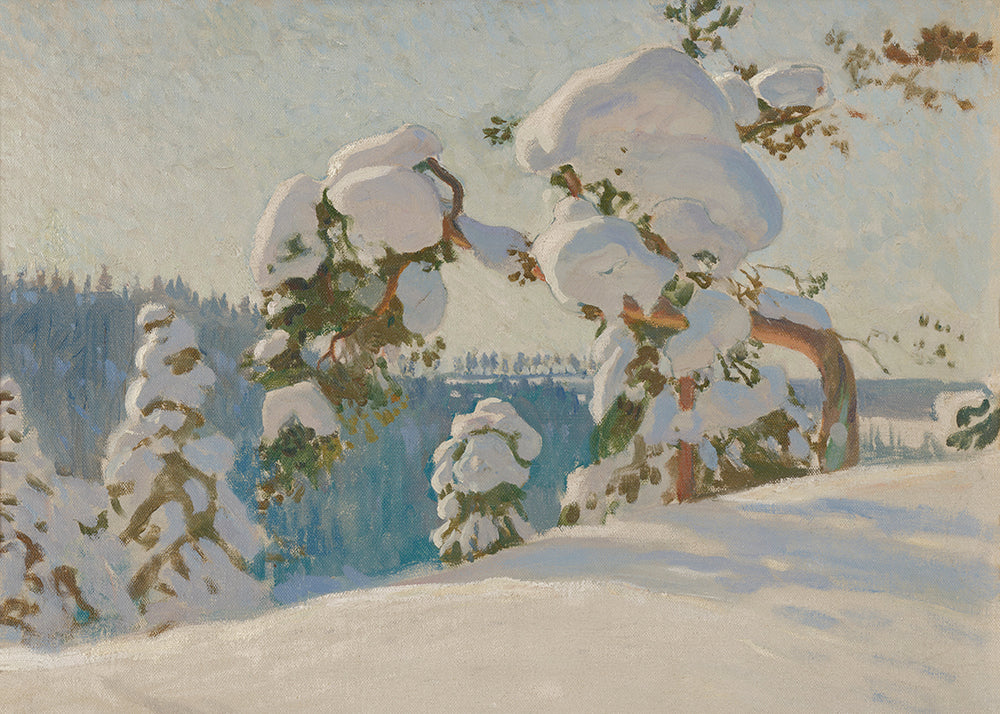 Snow-covered trees with a lake and mountains in the background