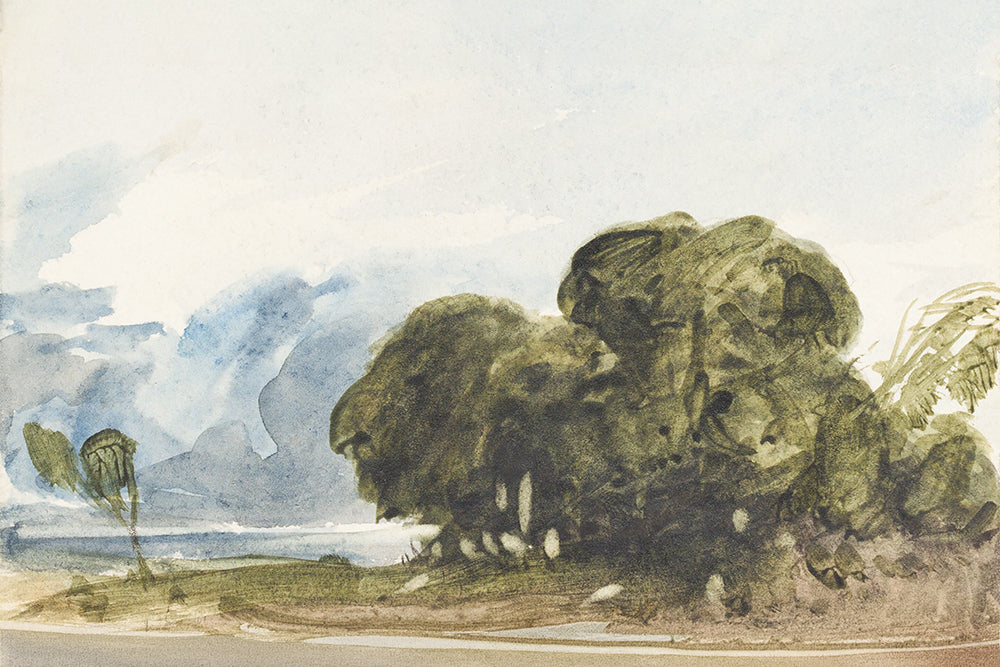 Watercolor landscape with trees and a body of water
