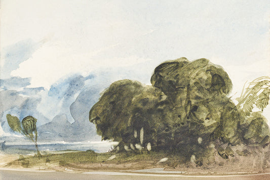 Watercolor landscape with trees and a body of water