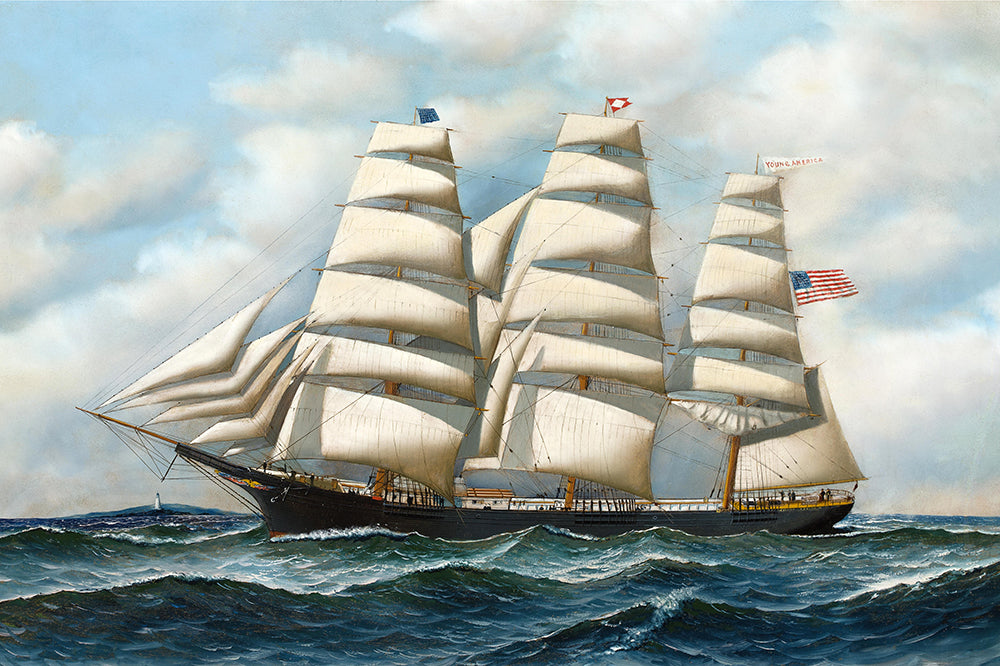 Sailing ship with multiple masts and sails on a body of water under a cloudy sky.