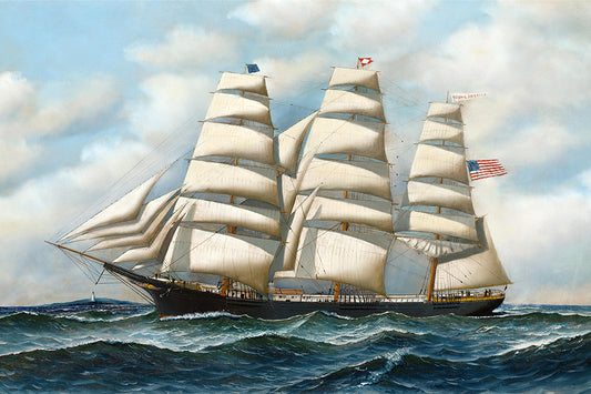 Sailing ship with multiple masts and sails on a body of water under a cloudy sky.