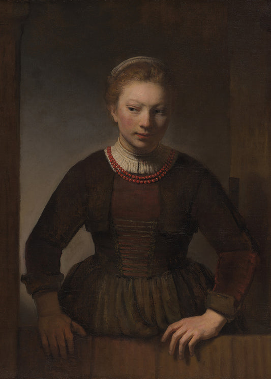 A beautiful dark and moody portrait of a young woman standing in a half door.

Featuring brown, black, blush, red, rust, cream, grey and mauve.
A museum-quality fine art print with a textured, matt finish, using giclée printing techniques that won't fade.
Artist: Rembrandt