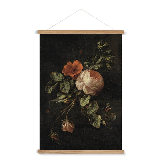 A classical dark and moody still life painting of a rose and butterfly,&nbsp;with a wooden hanger included. This print features a lovely vintage patina.

A premium print + slimline wooden poster hanger with a discrete magnetic fastening to keep your prints perfectly secure. Hand-crafted from beautiful, solid wood, our picture hangers are ideal for displaying prints using a simple, contemporary design. When you want to update your style, simply change the print.
The Umber Rose print features shades of pink, 