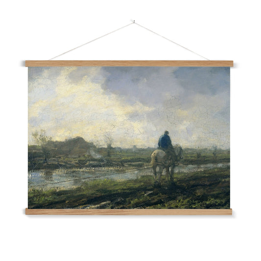 A ready to hang, rustic impressionist style vintage painting of a man on horseback in the countryside. This print has a heavily textured vintage patina that will add warmth to any space.

A premium print that comes ready to hang. Our slimline wooden poster hangers come with a discrete magnetic fastening to keep your prints perfectly secure. Hand-crafted from beautiful, solid wood, our picture hangers are ideal for displaying prints using a simple, contemporary design.
The Lonely Road print features shades o