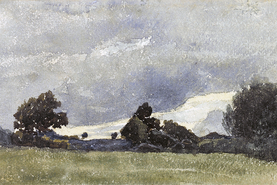 A watercolour painting of a field with trees and dark clouds in the distance.